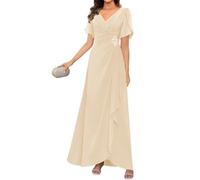 KIYNE Abito da donna per la madre della sposa con maniche pieghettate scollo a V in chiffon abito formale da sera, Champagne, 54 Più