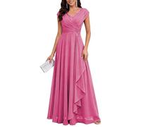 KIYNE Abito da sera da donna in chiffon per madre della sposa, con scollo a V increspato e linea, Rosa acceso, 50 Più