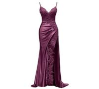 KIYNE Abito da sera da donna in raso con applique in pizzo con spacco spalline sottili scollo a V abito da sera formale a sirena, prugna, 40