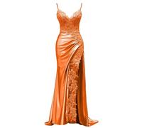 KIYNE Abito da sera da donna in raso con applique in pizzo con spacco spalline sottili scollo a V abito da sera formale a sirena, Arancione, 50