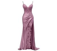 KIYNE Abito da sera da donna in raso con applique in pizzo con spacco spalline sottili scollo a V abito da sera formale a sirena, Glicine, 50