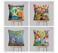 KIZIFI Copricuscini Impermeabili Set di 4 Fumetto Federe Cuscini 40x40 cm Cuscini da Esterno Città Lino Cuscino da Divano Fodera con Cerniera Invisibile per Sofá Balcone Patio Caffè