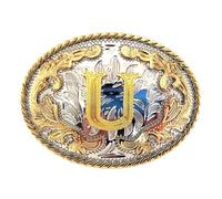 KJBDQQH Fibbia per cintura uomo 2 pezzi Western 26 lettere iniziali ABC a Z Cowboys Rodeo Oro Argento Ovale Cowgirls Fibbia for cintura for uomo e donna(Color-U)