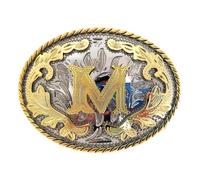 KJBDQQH Fibbia per cintura uomo 2 pezzi Western 26 lettere iniziali ABC a Z Cowboys Rodeo Oro Argento Ovale Cowgirls Fibbia for cintura for uomo e donna(Color-M)