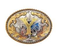 KJBDQQH Fibbia per cintura uomo 2 pezzi Western 26 lettere iniziali ABC a Z Cowboys Rodeo Oro Argento Ovale Cowgirls Fibbia for cintura for uomo e donna(Color-Y)