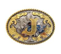 KJBDQQH Fibbia per cintura uomo 2 pezzi Western 26 lettere iniziali ABC a Z Cowboys Rodeo Oro Argento Ovale Cowgirls Fibbia for cintura for uomo e donna(Color-J)