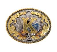 KJBDQQH Fibbia per cintura uomo 2 pezzi Western 26 lettere iniziali ABC a Z Cowboys Rodeo Oro Argento Ovale Cowgirls Fibbia for cintura for uomo e donna(Color-K)