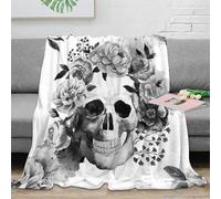KJHGRFRDK stampa 3D Skull with flow coperta da viaggio microfibra biancheria da letto leggera e morbida plaid da viaggio compatto anti-pilling per viaggi Black bianco floreal 50x60inch(127x152cm)