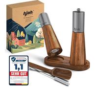 kjøk Premium Macina sale e pepe in acciaio inox e legno massiccio di acacia con sottopiatto, spazzola per la pulizia e cucchiaino dosatore - set di macinini con meccanismo in ceramica