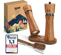 kjøk Premium Macina sale e pepe in massiccio legno di acacia con sottopiatto, spazzola per la pulizia e cucchiaino dosatore - Set di macinini in legno con macinino in ceramica