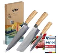 kjøk set 3 coltelli da cucina - nakiri, chef 20 cm e spelucchino 13 cm | set con nakiri, coltello da chef 20 cm e spelucchino 13 cm, 58±2 HRC, manici in legno d'ulivo e custodie incluse