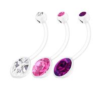 KJM FASHION Bioflex 1216 - Set di 3 piercing per ombelico da gravidanza, 1,6 mm, 14 g, 19 mm, con sfera di cristallo