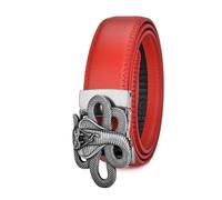 KJOLWHCQ Cintura da uomo in pelle con cuciture a cricchetto, fibbia automatica con motivo Boa Hollow in argento inciso, cinturino casual e formale(Red,110cm/43)