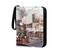 Kjovgcb Custodia per carte da gioco, raccoglitore per carte collezionabili con 50 pagine con 400 slot per carte sportive, stampa treno a vapore con fumo che si muove verso la neve invernale