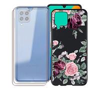 KJYF Custodia + 2 Pezzi Vetro Temperato Pellicola Protettiva per Samsung Galaxy M22 (6.4"), Nero in Silicone Morbido TPU Cover, Anti Graffio Protettiva Case per Samsung Galaxy M22 - YQ12