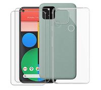 KJYF Custodia Cover per Google Pixel 5 + [2 pezzi] Pellicola Protettiva Vetro Temperato, Transparent Silicone TPU Anti-Giallo Case Cover, Vetro Temperato per Google Pixel 5 (6.0 ") - Clear
