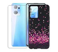 KJYF Custodia + Vetro Temperato Pellicola Protettiva per Oppo Reno7 CPH2371 (6.43"), Nero in Silicone Morbido TPU Cover, Anti Graffio Protettiva Case per Oppo Reno7 CPH2371 - Cuore Rosso