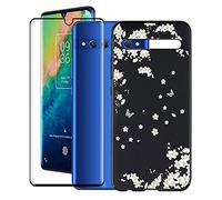 KJYF Custodia + Vetro Temperato Pellicola Protettiva per TCL 10 Plus (6.47"), Nero in Silicone Morbido TPU Cover, Anti Graffio Protettiva Case per TCL 10 Plus - Fiore romantico