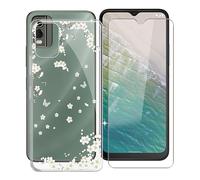 KJYF per Nokia C32 Custodia + Pellicola Protettiva in Vetro Temperato, Transparent Silicone Protezione Case Anti-Shock Guscio Cover per Nokia C32 (6.5") - White Daisy