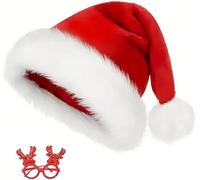 Kjzeex 2 cappelli di Babbo Natale per adulti, occhiali da cervo rosso, cappello di Natale unisex a doppio strato in velluto spesso comodo cappello di Natale per feste, foto di famiglia, Natale