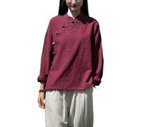 Kkaebi Blusa Cinese in Ramie per Donne - Camicia Hanfu Estiva in Cotone E Lino Abbigliamento Tradizionale Tuta da Meditazione con Maniche Lunghe Top Tunica retrò (S,Rosso)
