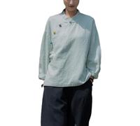 Kkaebi Blusa Cinese in Ramie per Donne - Camicia Hanfu Estiva in Cotone E Lino Abbigliamento Tradizionale Tuta da Meditazione con Maniche Lunghe Top Tunica retrò (M,Verde Chiaro)