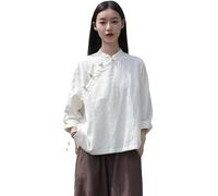 Kkaebi Blusa Cinese In Ramie Per Donne - Camicia Hanfu Estiva In Cotone E Lino Abbigliamento Tradizionale Tuta Da Meditazione Con Maniche Lunghe Top Tunica Retrò (M,Bianco)