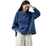 Kkaebi Blusa Cinese in Ramie per Donne - Camicia Hanfu Estiva in Cotone E Lino Abbigliamento Tradizionale Tuta da Meditazione con Maniche Lunghe Top Tunica retrò (S,Marina Militare)