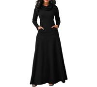 Kkaebi Donna Dolcevita Maxi Abito - Casual Manica Lunga Allentato A Tinta Unita Collo A Manicotto Solido Cuciture In Vita Fluido Abiti Swing Con Tasche Taglia Plus (3XL,Nerone)
