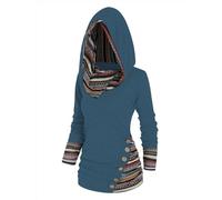 Kkaebi Felpa con cappuccio a maniche lunghe con stampa geometrica tribale da donna 2024 Pullover casual con cappuccio irregolari a righe autunno abiti fede, Blu, L