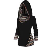 Kkaebi Felpa con cappuccio a maniche lunghe con stampa geometrica tribale da donna 2024 Pullover casual con cappuccio irregolari a righe autunno abiti fede, Nero , S