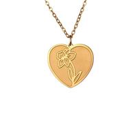 kkjoy Collana Pendente con Fiore del Nascita in Acciaio Inossidabile Gioielli Fiore del Compleanno per Donne Affascinanti(03-Mar-Giunchiglia-Forma di Cuore, Oro)