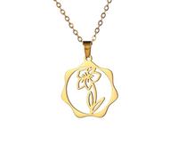 kkjoy Collana Pendente con Fiore del Nascita in Acciaio Inossidabile Gioielli Fiore del Compleanno per Donne Affascinanti(03-Mar-Giunchiglia-Forma di Cerchio, Oro)