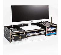KKLTDI bambù Legno Computer Supporto per Monitor, Multiuso Sollevare Archiviazione Scrivania Organizzatore con Cassetto Stand Ergonomico Organizer da Scrivania-Nero 50x28x10cm(20x11x4inch)