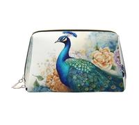 KKLWEGU Bella borsa per il trucco in pelle con pavone e fiori borsa cosmetica impermeabile organizer piccola borsa per trucco con cerniera borsa da viaggio portatile per donne ragazze, Oro, Taglia