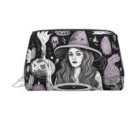 KKLWEGU Borsa per il trucco in pelle con disegno di stregoneria magica stregoneria bohémien borsa cosmetica impermeabile piccola borsa per trucco con cerniera borsa da viaggio portatile per donne
