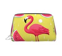 KKLWEGU Borsa per il trucco in pelle con fenicottero rosa e anguria borsa cosmetica impermeabile organizer piccola borsa per trucco con cerniera borsa portatile da viaggio per donne ragazze, Argento