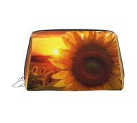 KKLWEGU Borsa per il trucco in pelle con girasole e tramonto borsa cosmetica impermeabile organizer piccola borsa per trucco con cerniera borsa da viaggio portatile da viaggio per donne ragazze