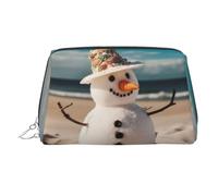 KKLWEGU Borsa per il trucco in pelle con pupazzo di neve con conchiglie seduto sulla spiaggia sabbiosa borsa cosmetica impermeabile organizer piccola borsa per trucco con cerniera borsa portatile da