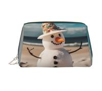 KKLWEGU Borsa per il trucco in pelle con pupazzo di neve con conchiglie seduto sulla spiaggia sabbiosa borsa cosmetica impermeabile organizer piccola borsa per trucco con cerniera borsa portatile da