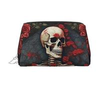 KKLWEGU Borsa per il trucco in pelle con scheletro con rose organizer per cosmetici impermeabile piccola borsa per trucco con cerniera borsa portatile da viaggio per donne ragazze, Argento, Taglia