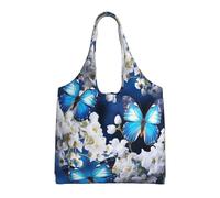 KKLWEGU Grande borsa tote da donna, con farfalle blu, fiori bianchi, borsa a tracolla pieghevole per lavoro, spiaggia, viaggi
