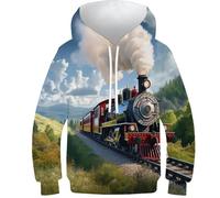 KKOLASXZE Stampa di 3D Treno a Vapore Sweatshirt Felpe con Cappuccio con Tasche PulAmorer Unisex Bambino Bambini E Ragazzi 10-12Y