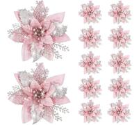 kkrrammii 12 pezzi rosa e argento Natale stella di Natale ornamenti con clip glitter fiocchi floreali artificiali grandi decorazioni per albero di Natale rosa accessori per albero di Natale
