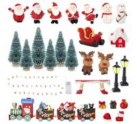 KKSJK 27 Pezzi Decorazioni Natalizie Miniatura, Mini Trenino in Legno Catena Luminosa LED Alberi di Natale Panchina Pupazzo Lampione Casa Alce Carrello dei Cervi Babbo Natale, Mini Natalizie Regalo