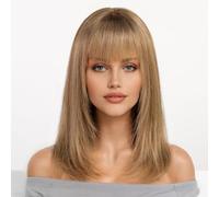 KKU Parrucca da donna con capelli umani sfumati castani e oro da 40,6 cm, con frangia, per un realismo naturale