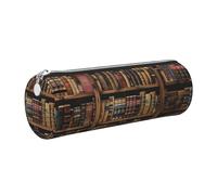 kkvhhyuo Library Bookshelf Book Print Pencil Case Portable Round Pencil Pouch with Gold Zip Multifunzionale Pencil Holder Pouch Stationery Pen Bag for Teen Girls and Boys, Argento, One Size, Organizer