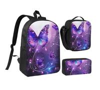 kkvhhyuo Set di zaino per la scuola con stampa matematica con zaino per bambini da 43 cm, borsa per il pranzo e astuccio per adolescenti, ragazze, ragazzi, zaino leggero da viaggio, Farfalle viola