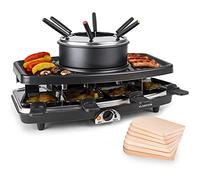 Klarstein 3-in-1 Griglia per Raclette e Set Fonduta Formaggio, Piastra Raclette Formaggio in Pietra Ollare 11W, Piastra Elettrica per Grigliare Carne e Formaggio con Pentole e Forchette per Fonduta