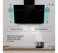 Klarstein Alina - Cappa aspirante | Classe energetica A | Touch | Illuminazione a LED | Scarico/ricircolo | 600 m³/ora
